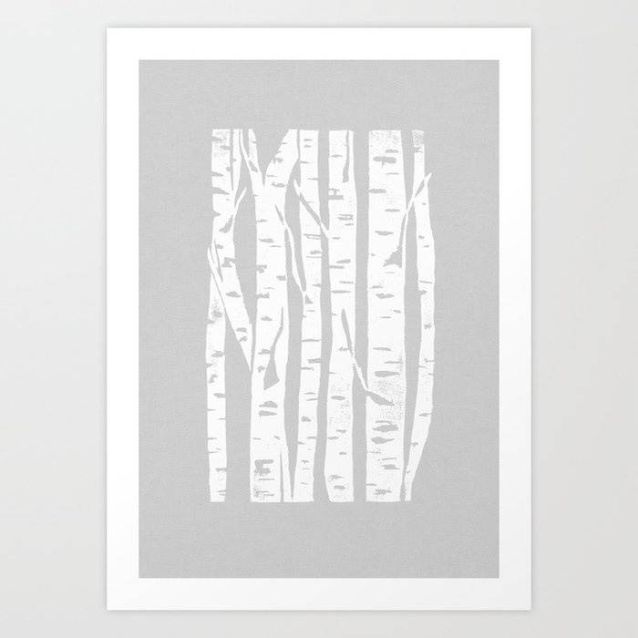 Woodcut Birches Grey Art Print