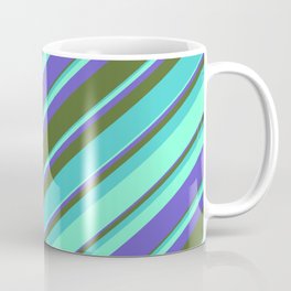 [ Thumbnail: Aquamarine, Slate Blue, Dark Olive Green, and Turquoise Colored Lines Pattern Coffee Mug ]