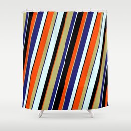 [ Thumbnail: Colorful Dark Khaki, Midnight Blue, Light Cyan, Black & Red Colored Lined/Striped Pattern Shower Curtain ]