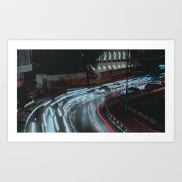 road turn long exposure night Art Print