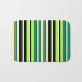 [ Thumbnail: Light Green, Teal, Bisque & Black Colored Lined/Striped Pattern Bath Mat ]