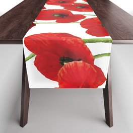 Poppies Flowers red field white background pattern Table Runner