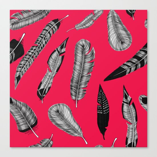 Seamless pattern with various hand drawn feathers on red background. Canvas Print