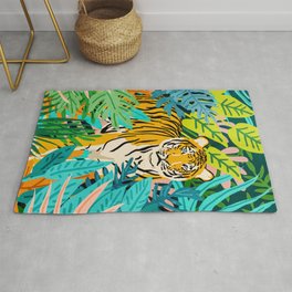 Only 3890 Tigers Left, Wildlife Vibrant Tiger Painting, Jungle Nature Colorful Illustration Area & Throw Rug
