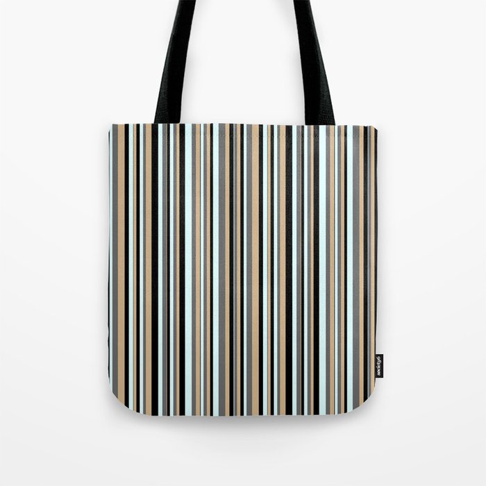 Tan, Dim Grey, Light Cyan & Black Colored Lines Pattern Tote Bag