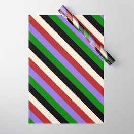 [ Thumbnail: Beige, Red, Purple, Green & Black Colored Lined Pattern Wrapping Paper ]