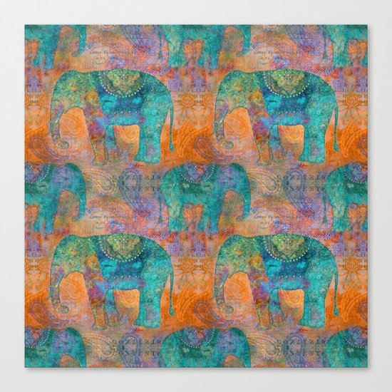 Elephant Pattern allover orange turquoise Canvas Print