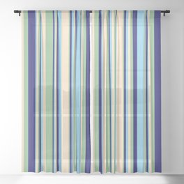 [ Thumbnail: Bisque, Dark Sea Green, Midnight Blue, and Sky Blue Colored Stripes Pattern Sheer Curtain ]