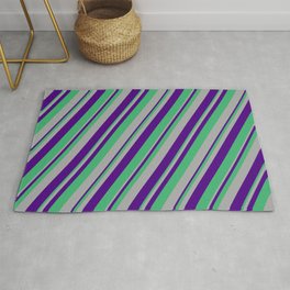 [ Thumbnail: Indigo, Sea Green & Dark Gray Colored Lined/Striped Pattern Rug ]