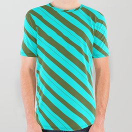 [ Thumbnail: Cyan and Dark Olive Green Colored Pattern of Stripes All Over Graphic Tee ]