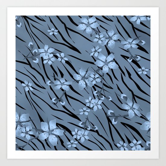 Blue flowers on blue tiger background. Art Print