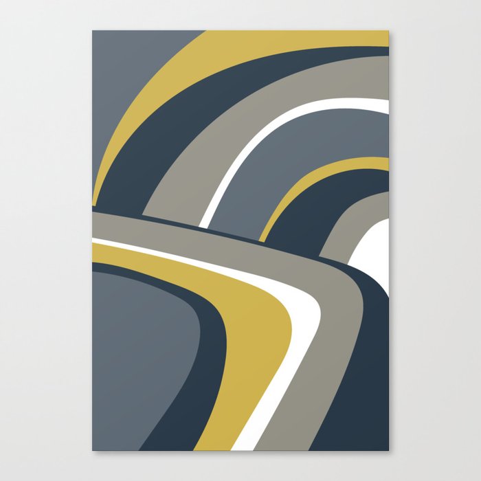 Retro Wavy Lines in Navy Blue, Grey and Yellow Canvas Print