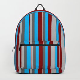 [ Thumbnail: Grey, Dim Grey, Deep Sky Blue & Dark Red Colored Stripes Pattern Backpack ]