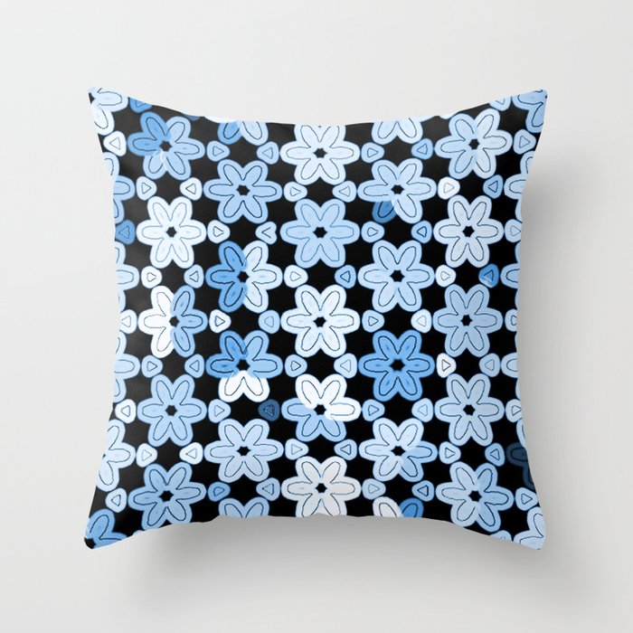 Multicolor Modern Blue and White Daisies on Black Throw Pillow