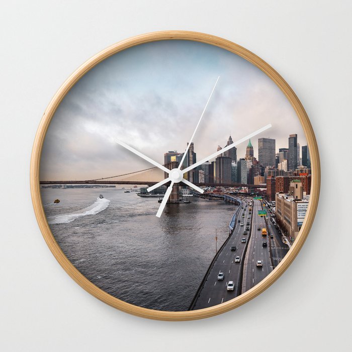 New York City Skyline and the Brooklyn Bridge | Panoramic Travel Photography in NYC Wall Clock