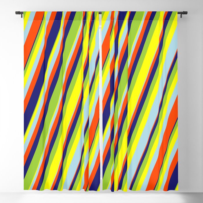 Eye-catching Green, Yellow, Light Blue, Red & Midnight Blue Colored Lines/Stripes Pattern Blackout Curtain