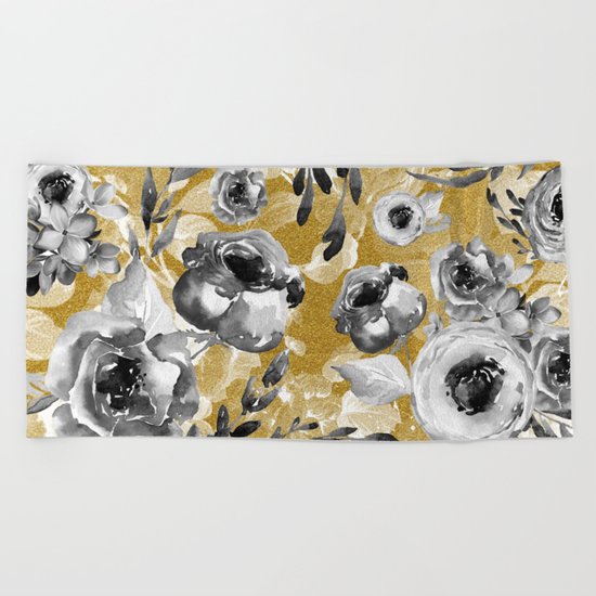 Black and white flowers with gold Beach Towel