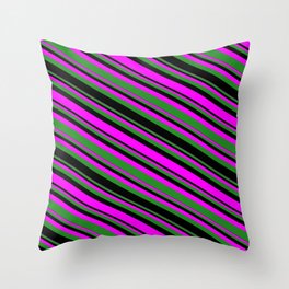 [ Thumbnail: Fuchsia, Forest Green & Black Colored Lines/Stripes Pattern Throw Pillow ]