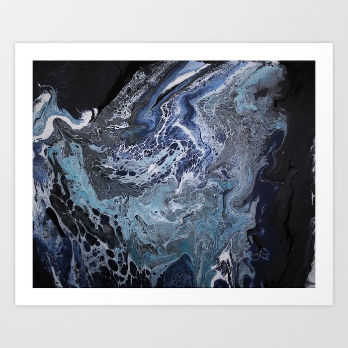 Black White And Blue Abstract Fluid Acrylic Contemporary