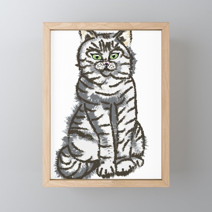 Expressive Sitting Cat Pose Illustration.  Framed Mini Art Print