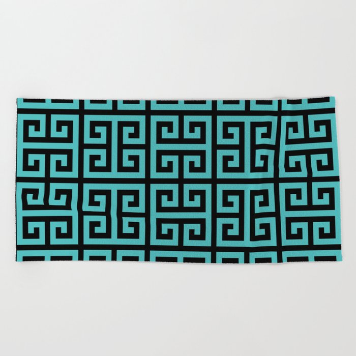 Greek Key (Black & Teal Pattern) Beach Towel by LXLBX8 Society6