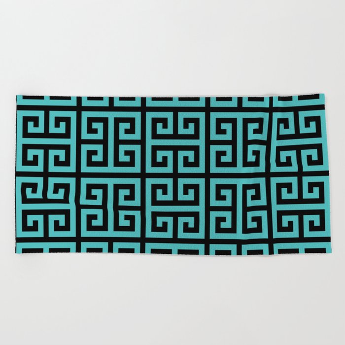 Greek Key (Black & Teal Pattern) Beach Towel