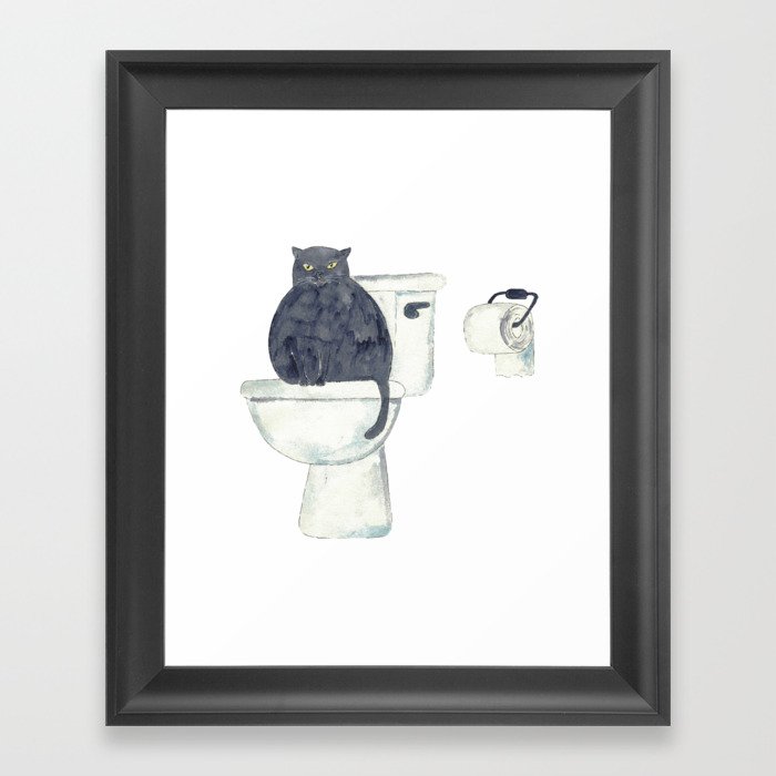 Black Cat toilet Painting Wall Poster Watercolor Framed Art Print
