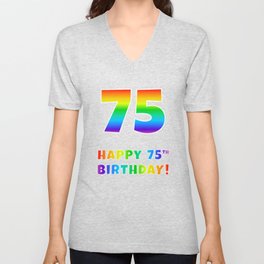 [ Thumbnail: HAPPY 75TH BIRTHDAY - Multicolored Rainbow Spectrum Gradient V Neck T Shirt V-Neck T-Shirt ]