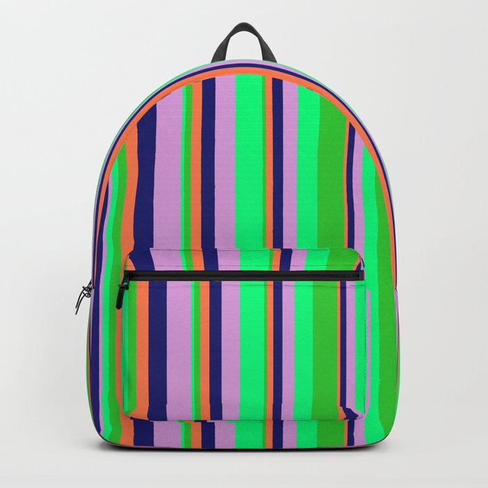Vibrant Lime Green, Coral, Midnight Blue, Plum, and Green Colored Lines/Stripes Pattern Backpack