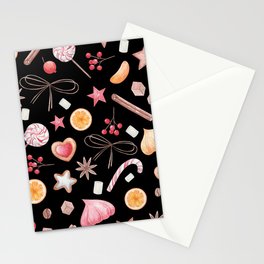 Watercolor Christmas Pattern - Black Background Stationery Card