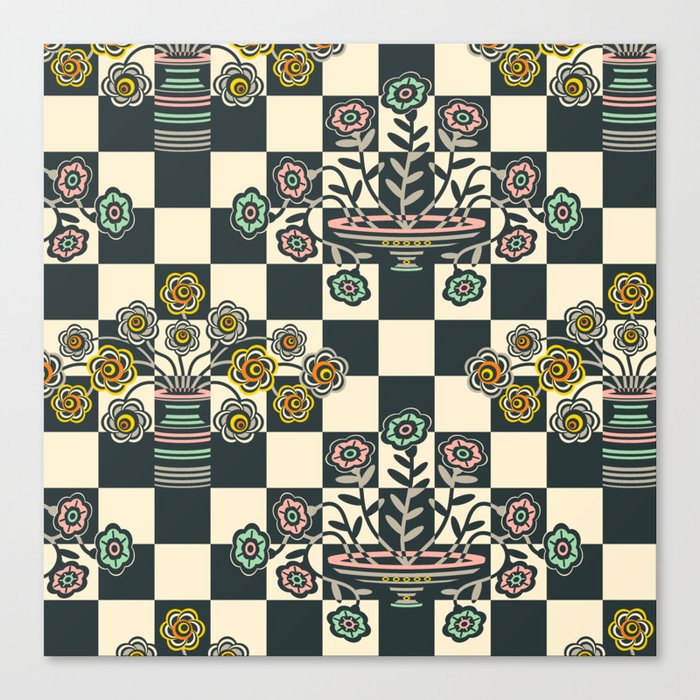OP-ULENCE CHECKERED FLORAL PATTERN in BLACK & WARM WHITE WITH BRIGHT MULTI-COLOURS Canvas Print