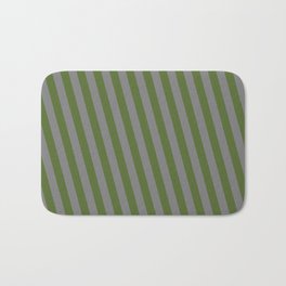 [ Thumbnail: Dark Olive Green & Grey Colored Lined Pattern Bath Mat ]