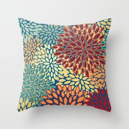 Festive Floral Prints, Red, Teal, Yellow, Orange, Colourful Prints Throw Pillow