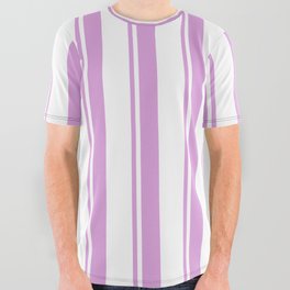 [ Thumbnail: Plum & White Colored Lined/Striped Pattern All Over Graphic Tee ]