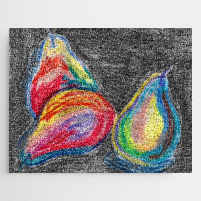 Pears with bold colors made with pastel chalk on canvas, black background Jigsaw Puzzle