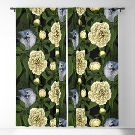 Birds and yellow peony flowers with green leaves Blackout Curtain