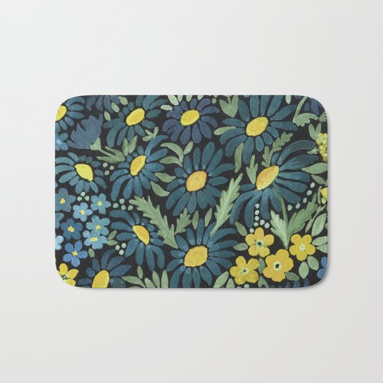 Watercolor . Blue daisies . Bath Mat