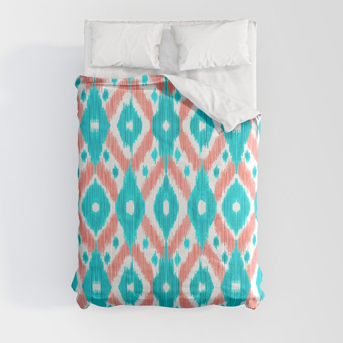 Artsy Coral Teal Abstract Ikat Geometric Pattern Comforter