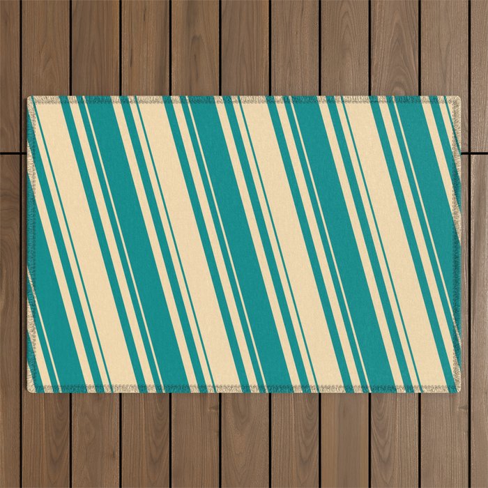 Beige & Dark Cyan Colored Lines/Stripes Pattern Outdoor Rug