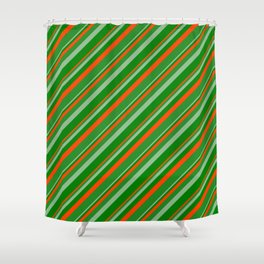 [ Thumbnail: Dark Sea Green, Green, Red & Forest Green Colored Lined/Striped Pattern Shower Curtain ]