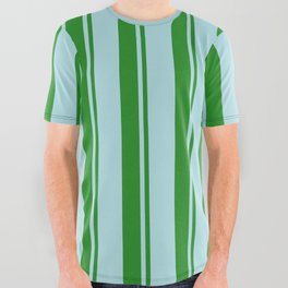 [ Thumbnail: Forest Green and Powder Blue Colored Pattern of Stripes All Over Graphic Tee ]
