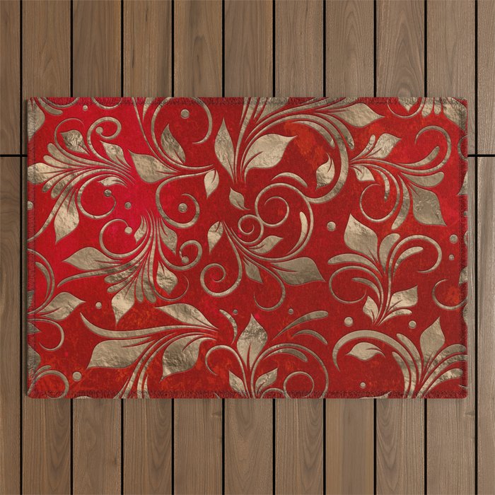 Golden Swirl Branches on red Outdoor Rug