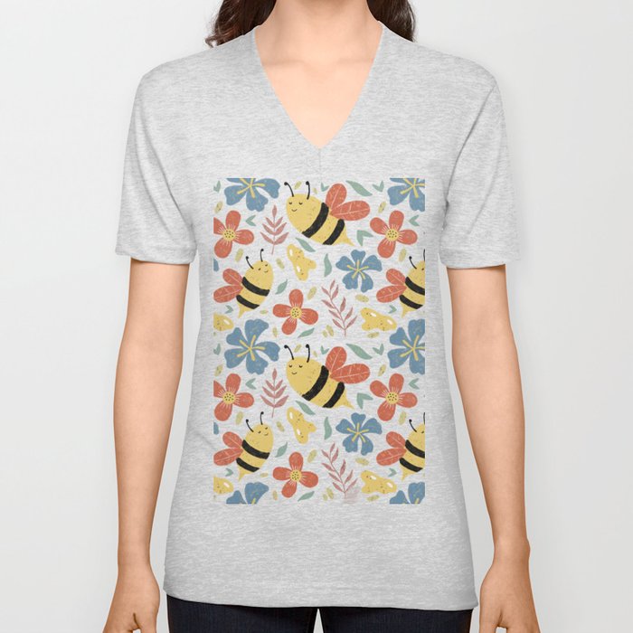 Cute Honey Bees and Flowers V Neck T Shirt