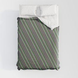 [ Thumbnail: Dim Grey, Dark Green, and Light Grey Colored Stripes Pattern Duvet Cover ]