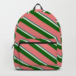[ Thumbnail: Teal, Beige, Dark Green & Light Coral Colored Lines Pattern Backpack ]