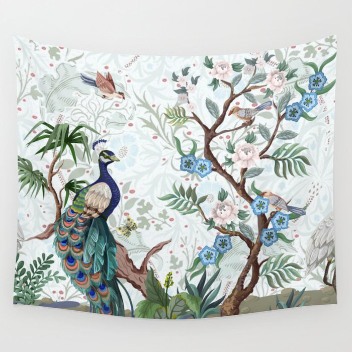Chinoiserie Aqua Peacock Floral & William Morris Art Wall Tapestry