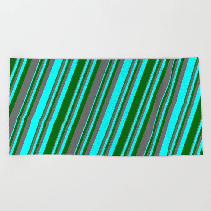 Aqua, Dark Green & Dim Grey Colored Lines/Stripes Pattern Beach Towel