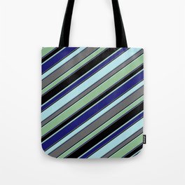 [ Thumbnail: Powder Blue, Dark Sea Green, Midnight Blue, Dim Gray, and Black Colored Striped/Lined Pattern Tote Bag ]