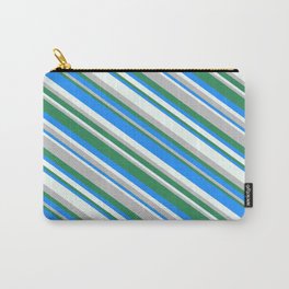 [ Thumbnail: Blue, Mint Cream, Grey, and Sea Green Colored Pattern of Stripes Carry-All Pouch ]