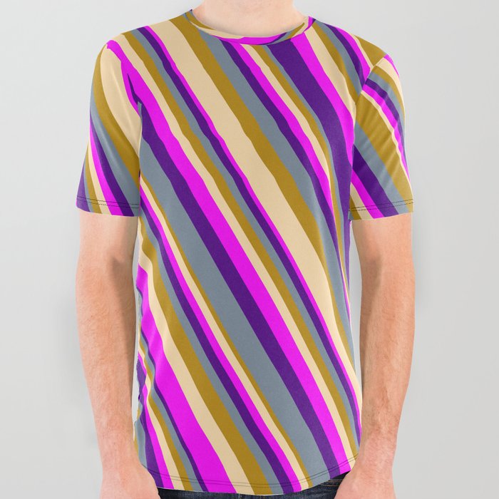 Eye-catching Dark Goldenrod, Tan, Fuchsia, Indigo, and Light Slate Gray Colored Striped Pattern All Over Graphic Tee